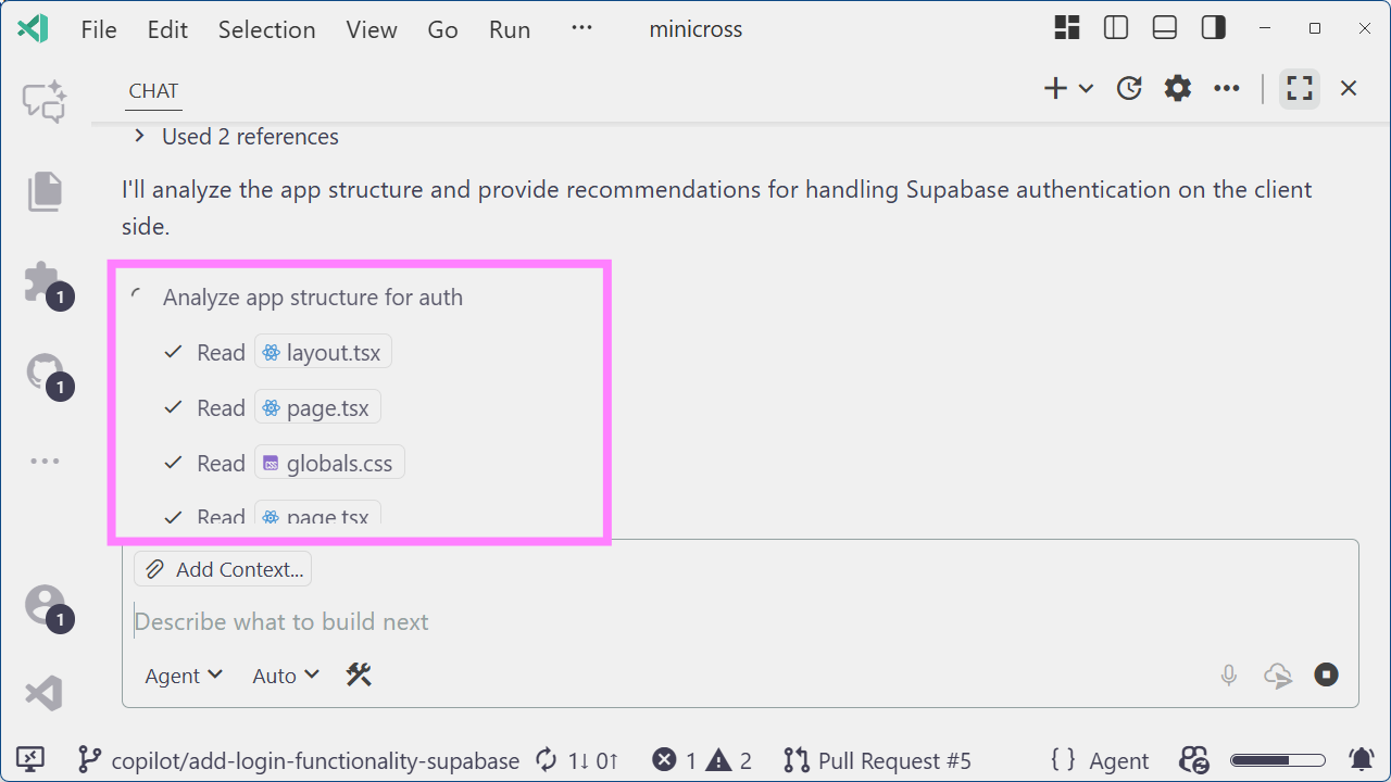 A subagent process running in VS Code with tool calls underneath the main agent action