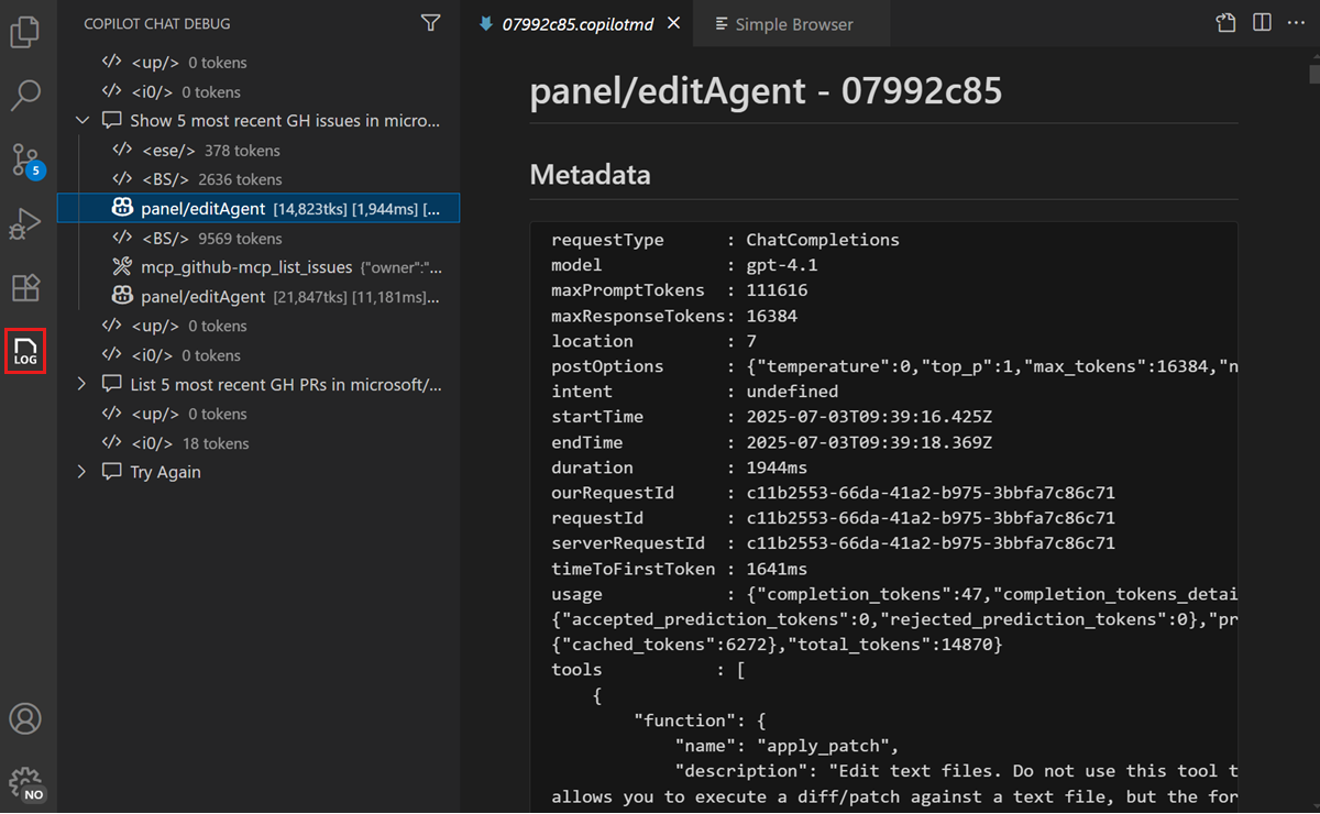 Screenshot of the Chat Debug view, showing the details of a chat request and response.