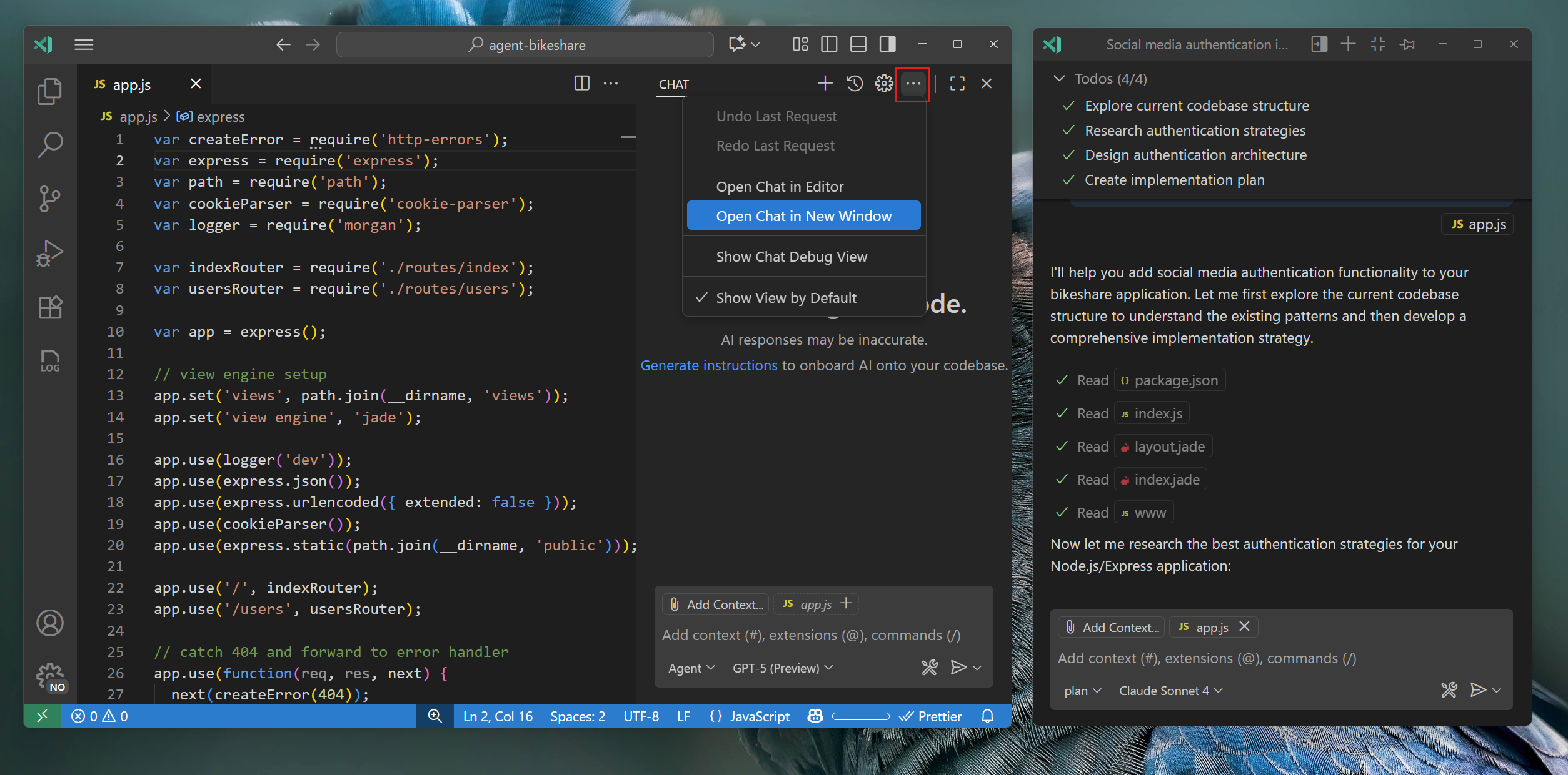 Screenshot of the Chat view, highlighting the three-dot menu that contains the Open in Editor and Open in New Window options. The desktop shows a floating window with a chat session.