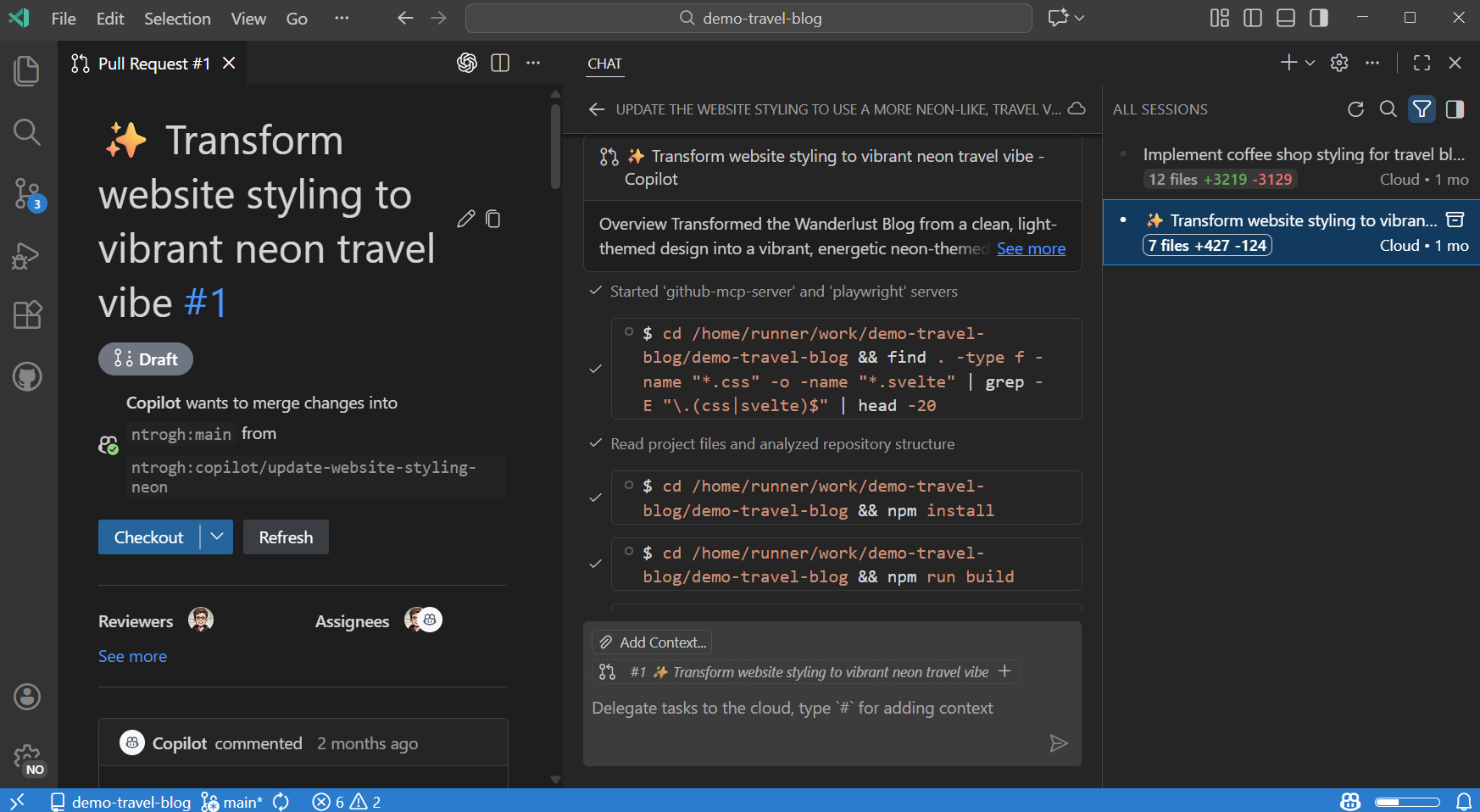 Screenshot of cloud agent session as a chat editor in VS Code.