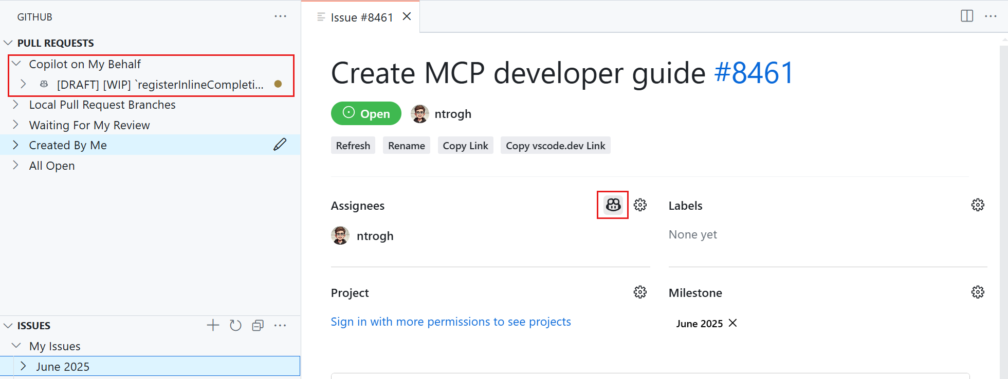 螢幕截圖顯示 GitHub Pull Requests 檢視，突出顯示“分配給 Copilot”操作，以及分配給 Copilot 的工作的 PR 查詢。