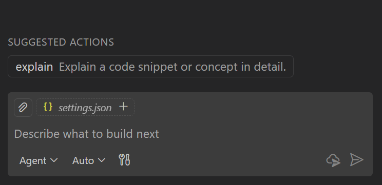 Screenshot showing an "explain" prompt file recommendation in the Chat view.