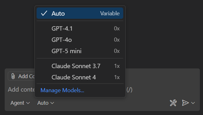 Screenshot that shows the model picker in the Chat view, showing the Auto option.