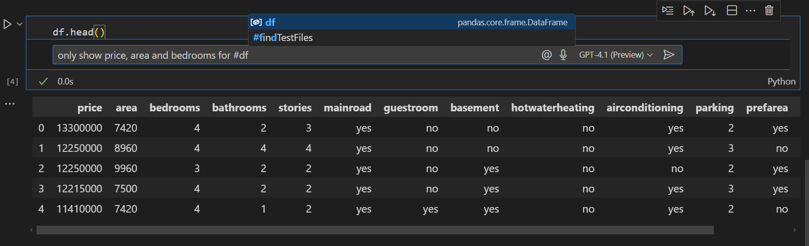 Screenshot that shows the inline chat view in a notebook cell.