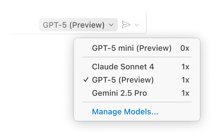 Dropdown menu in GitHub Copilot Chat displaying AI model options: 'Claude 3.7 Sonnet' selected, with other options like 'Claude 3.5 Sonnet', 'GPT 4.5', 'GPT 4o', and 'Manage Models...'