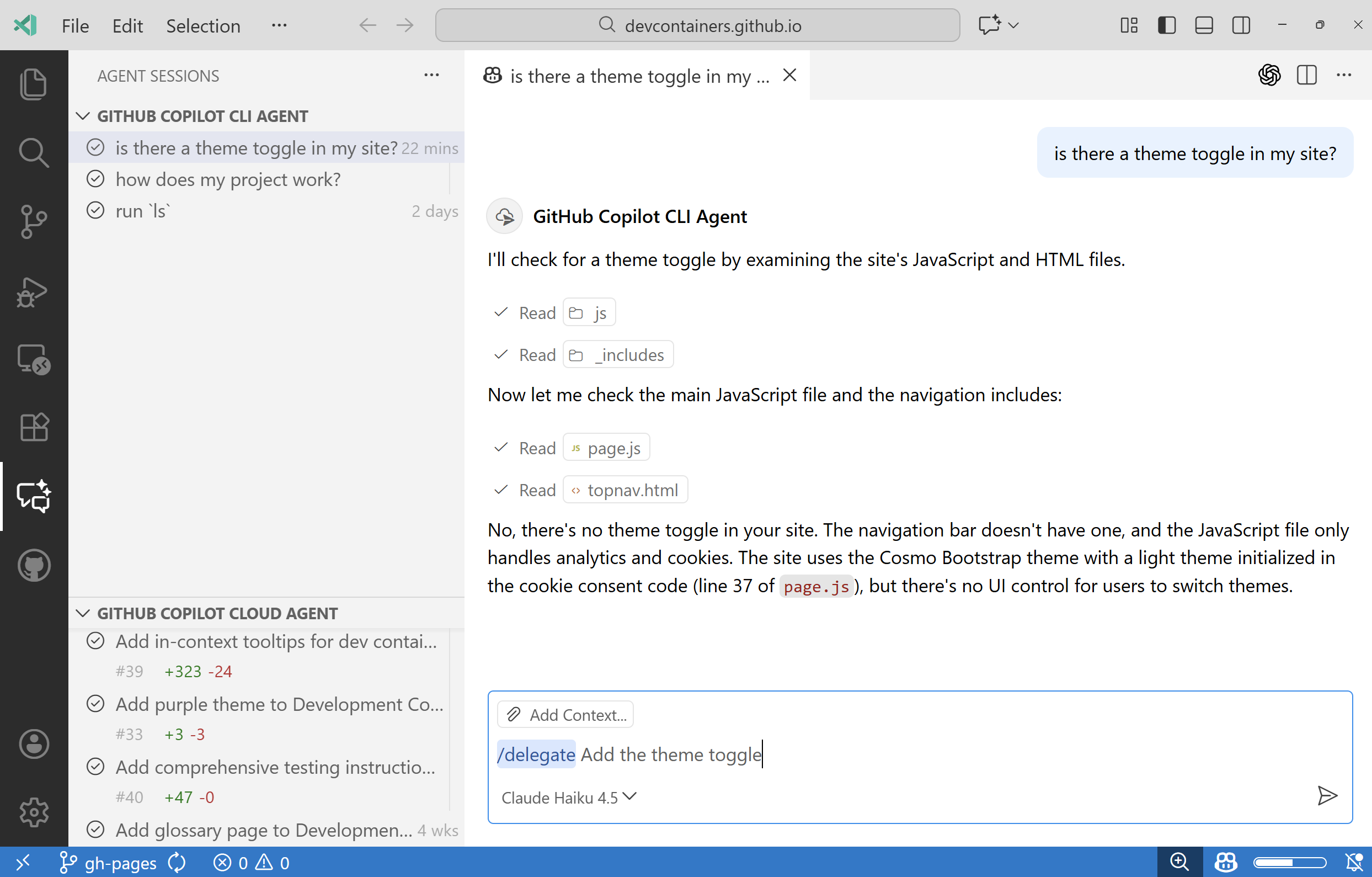 Screenshot showing delegating from a CLI agent editor.