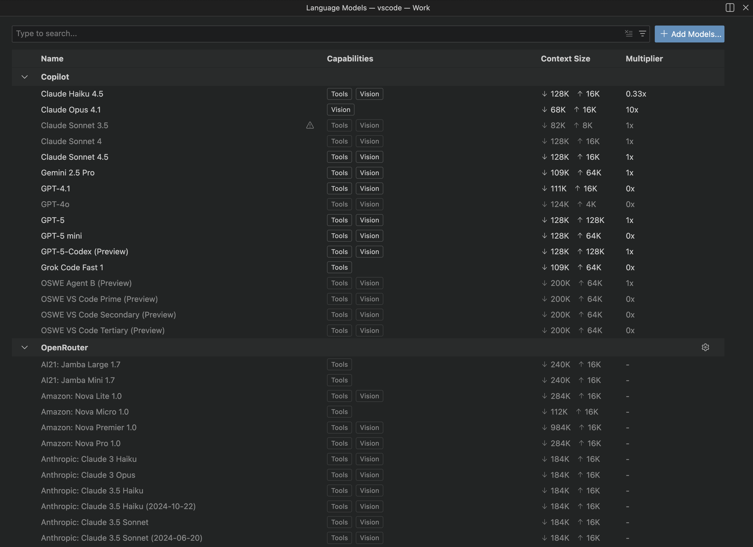 Screenshot showing the Language Models editor with a list of models organized by provider.