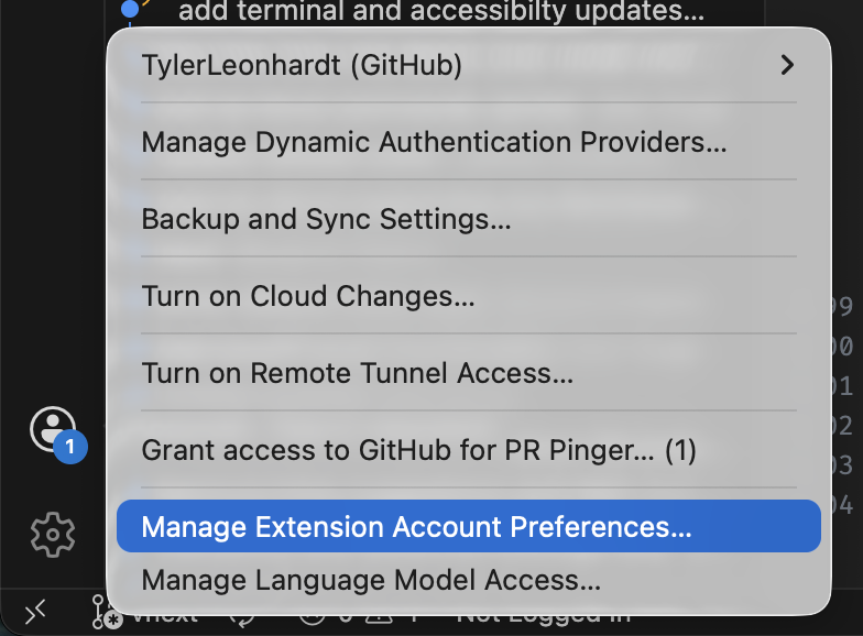 Screenshot of Manage Extension Account Preferences in the Account menu.