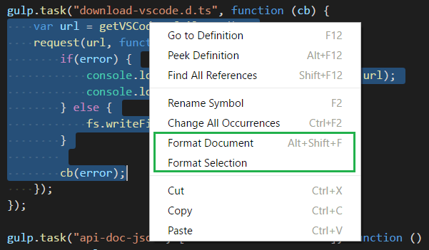 format on context menu