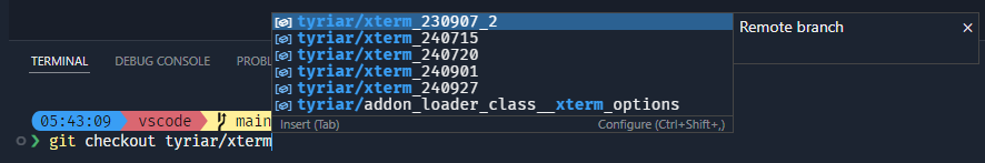 顯示“git checkout tyriar/xterm”完成的螢幕截圖，顯示多個結果，包括不完全匹配查詢的模糊結果。